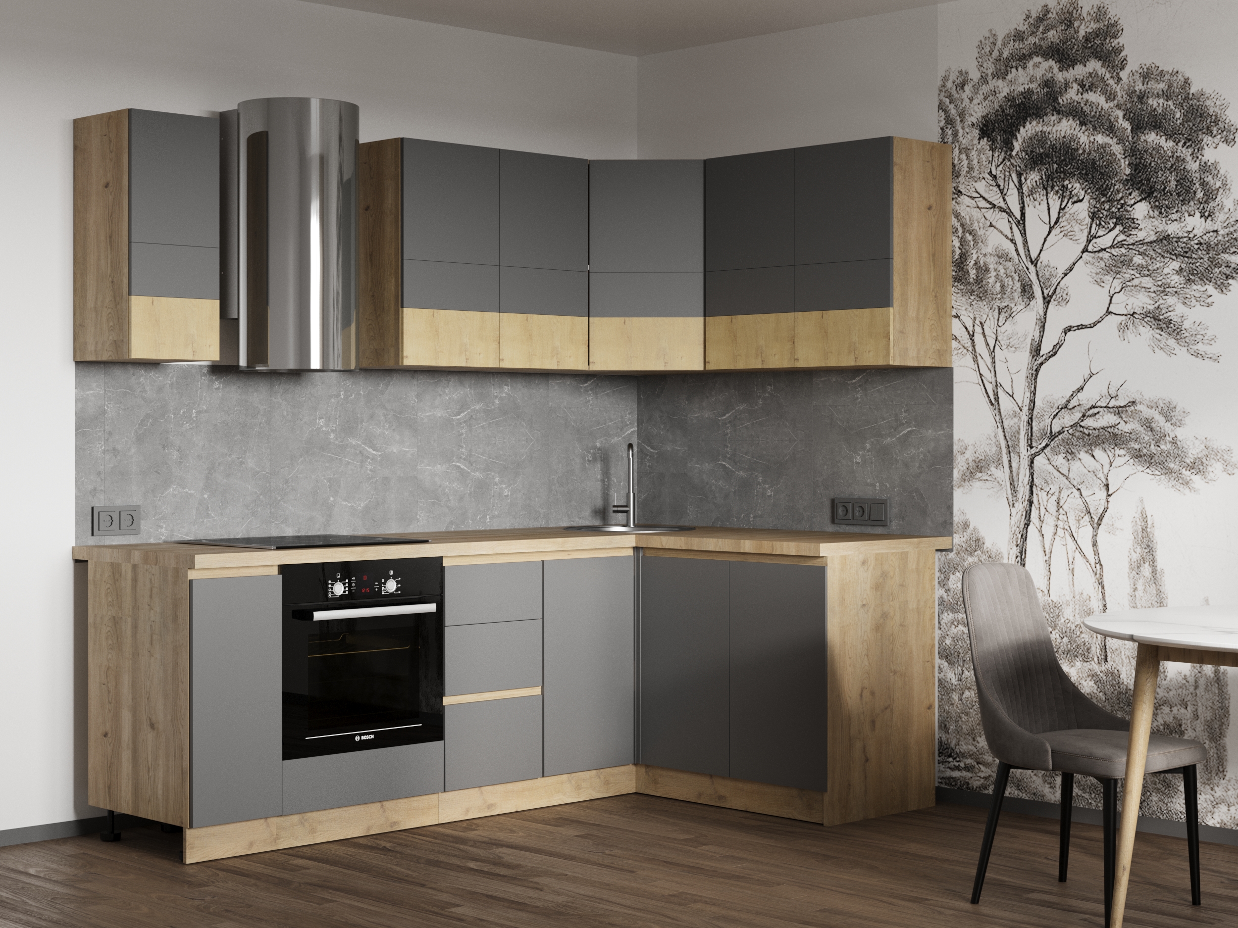 Кухня "Твист Базальт" 1.4*2.3 м Дуб бунратти/Базальт (Без столешницы, мойки, сушки)